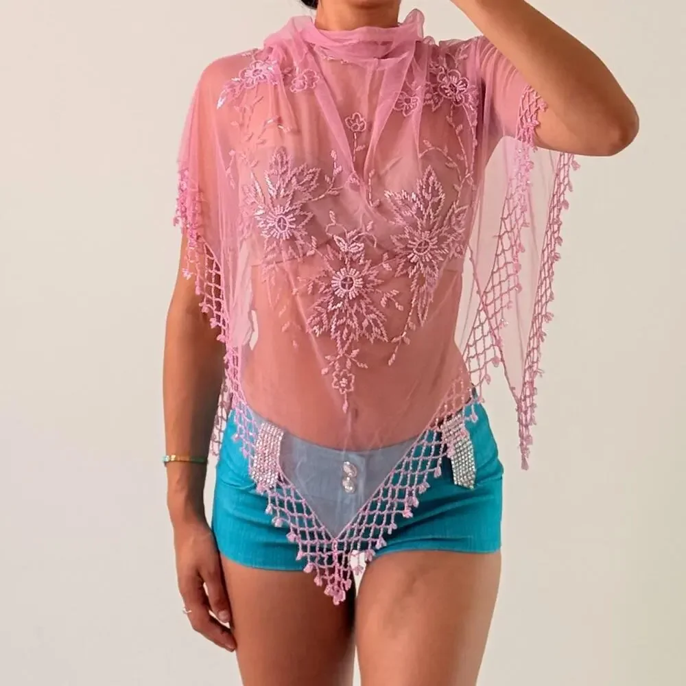 Pink Beaded Mesh Shawl/ Cover Up
